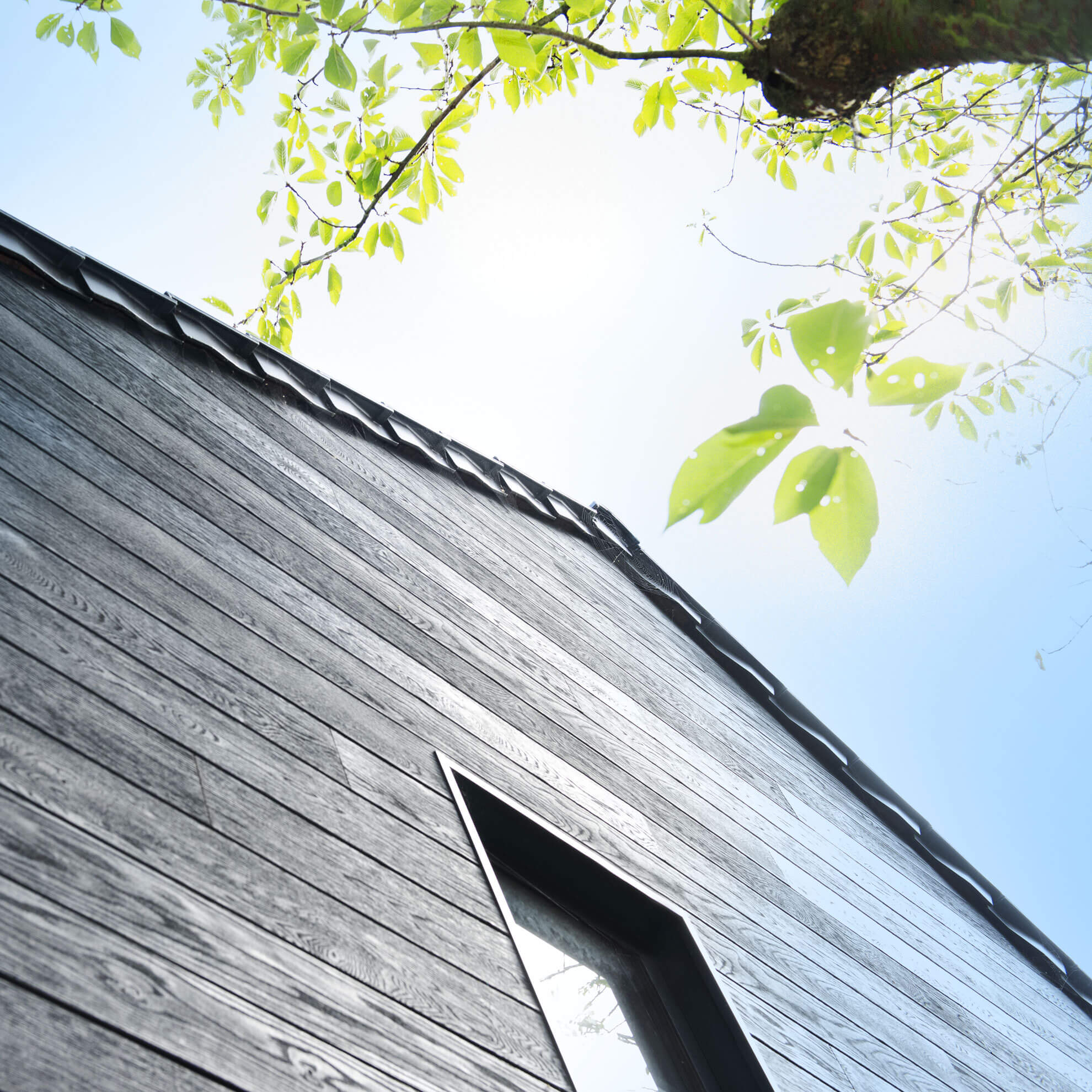 Detail van de houtstructuur en het raam in de donkere gevel