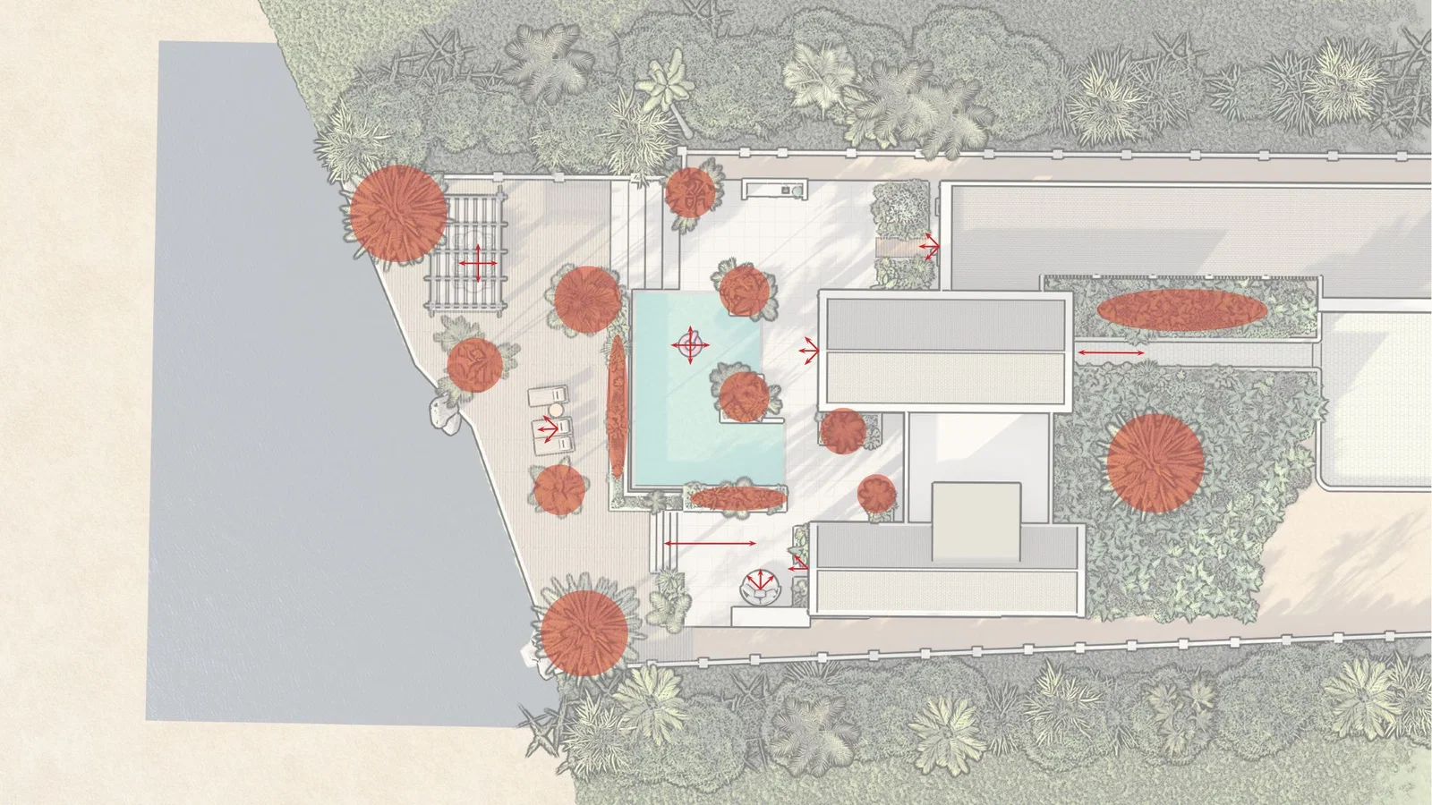 Zichtlijnen op de plattegrond van een in-lite tuinontwerp