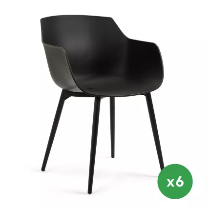 Set van 6 Almeria tuinstoelen in zwart aluminium en zwart kunststof