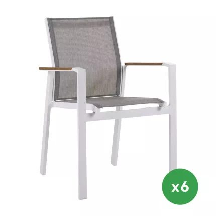 Set van 6 Alicante stapelbare tuinstoelen in wit aluminium en textilene en polywood armleuning
