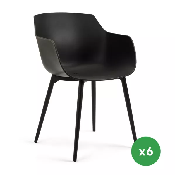 Set van 6 Almeria tuinstoelen in zwart aluminium en zwart kunststof