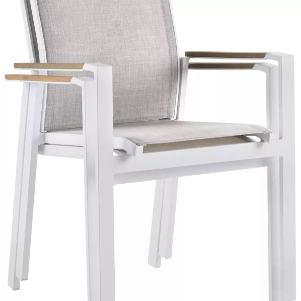 Set van 6 Alicante stapelbare tuinstoelen in wit aluminium en textilene en polywood armleuning